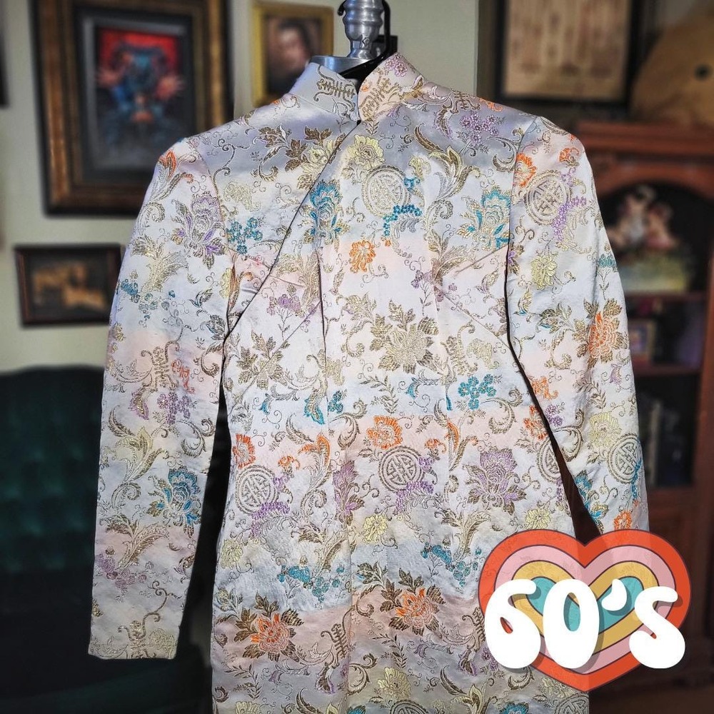 Cheongsam Dress Silk Brocade Vintage 60s Qipao Floral Gold Pink Blue Long Sleeve